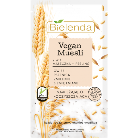 Bielenda VEGAN MUESLI - 2w1 maseczka nawilżająca + peeling oczyszczający - PSZENICA + OWIES + SIEMIĘ LNIANE, poj. 8 g