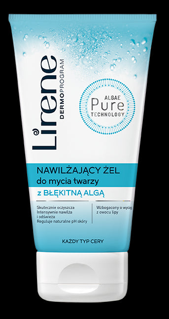 Moisturizing face wash gel with blue algae, 150 ml capacity.