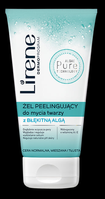 Peeling gel for facial cleansing with blue algae, 150 ml capacity.
