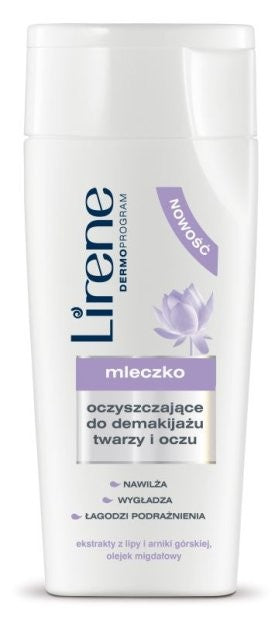 Cleansing milk for face and eye makeup removal, 200 ml capacity.