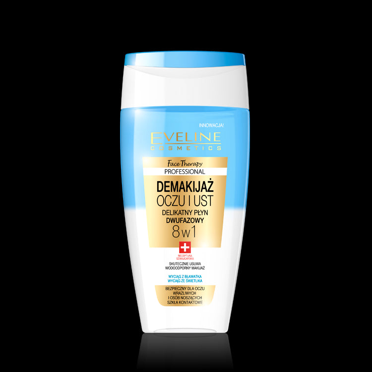 Gentle biphasic eye and lip makeup remover 8in1, 150 ml capacity.