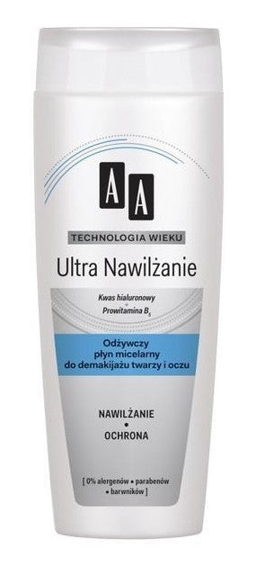 AA Age Technology Ultra Moisturizing - nourishing micellar liquid for face and eye makeup removal, 200 ml capacity.