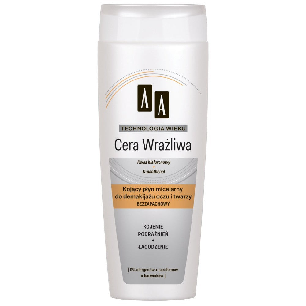 AA Age Technology Sensitive Skin - soothing micellar liquid for eye and face makeup removal, 200 ml capacity.