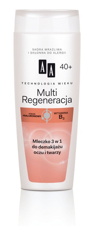 AA Age Technology 40+ Multi Regeneration - 3-in-1 milk for eye and face makeup removal, 200 ml capacity.