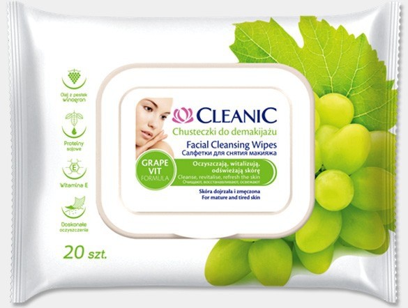 Cleanic GrapeVit - chusteczki do demakijażu z formułą GrapeVit pestki winogron, 20 szt