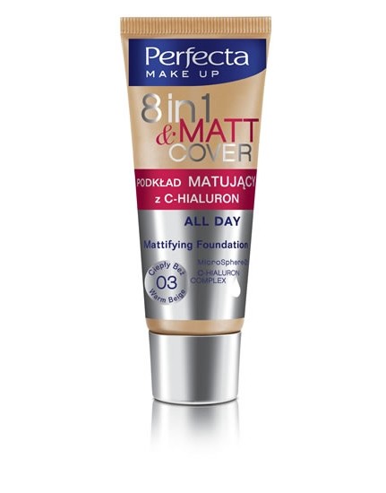 Perfecta make up 8in1 MATT & COVER - ALL DAY Fluid matujący z C-Hialuron, 03 Ciepły Beż, poj. 30 ml.