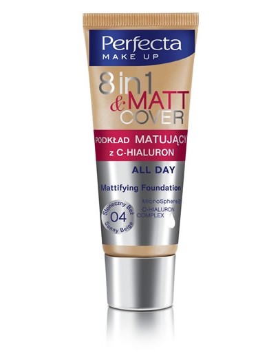 Perfecta make up 8in1 MATT & COVER - ALL DAY Fluid matujący z C-Hialuron, 04 Słoneczny Beż, poj. 30 ml.