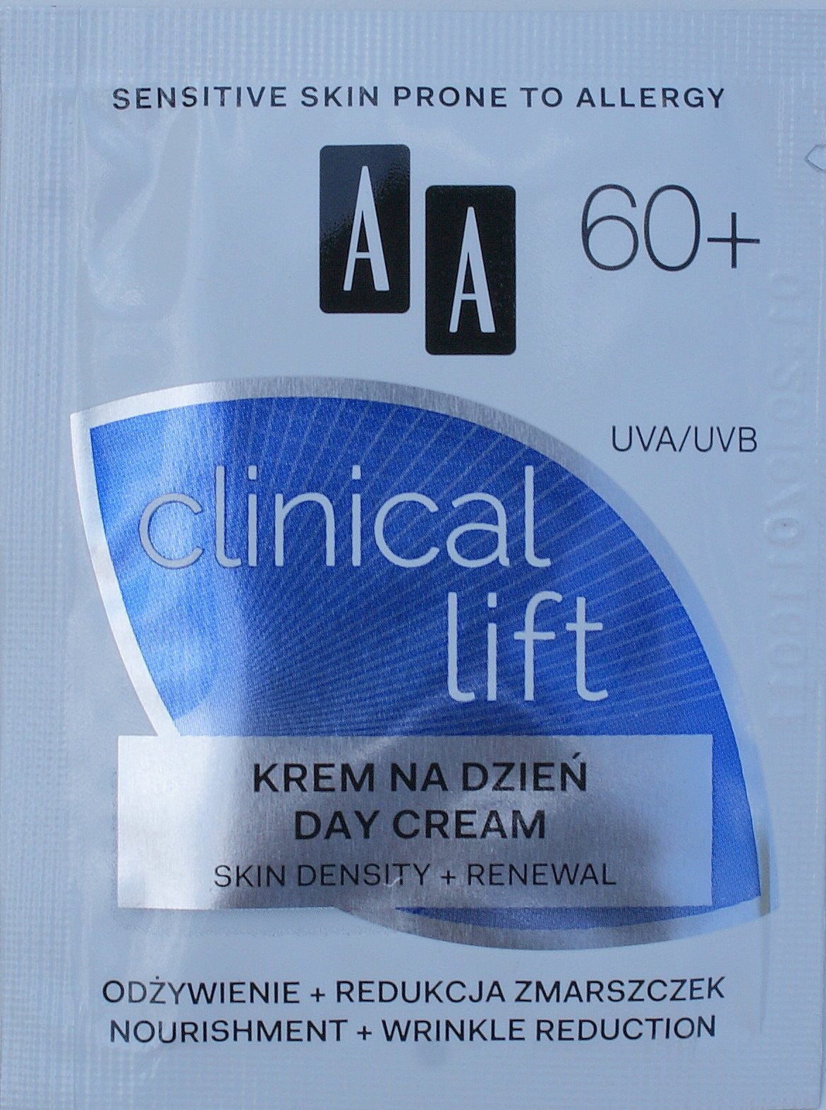 AA CLINICAL LIFT 60+. Krem na dzień ODŻYWIENIE + REDUKCJA ZMARSZCZEK, poj. 1,5 ml *** TESTER ***