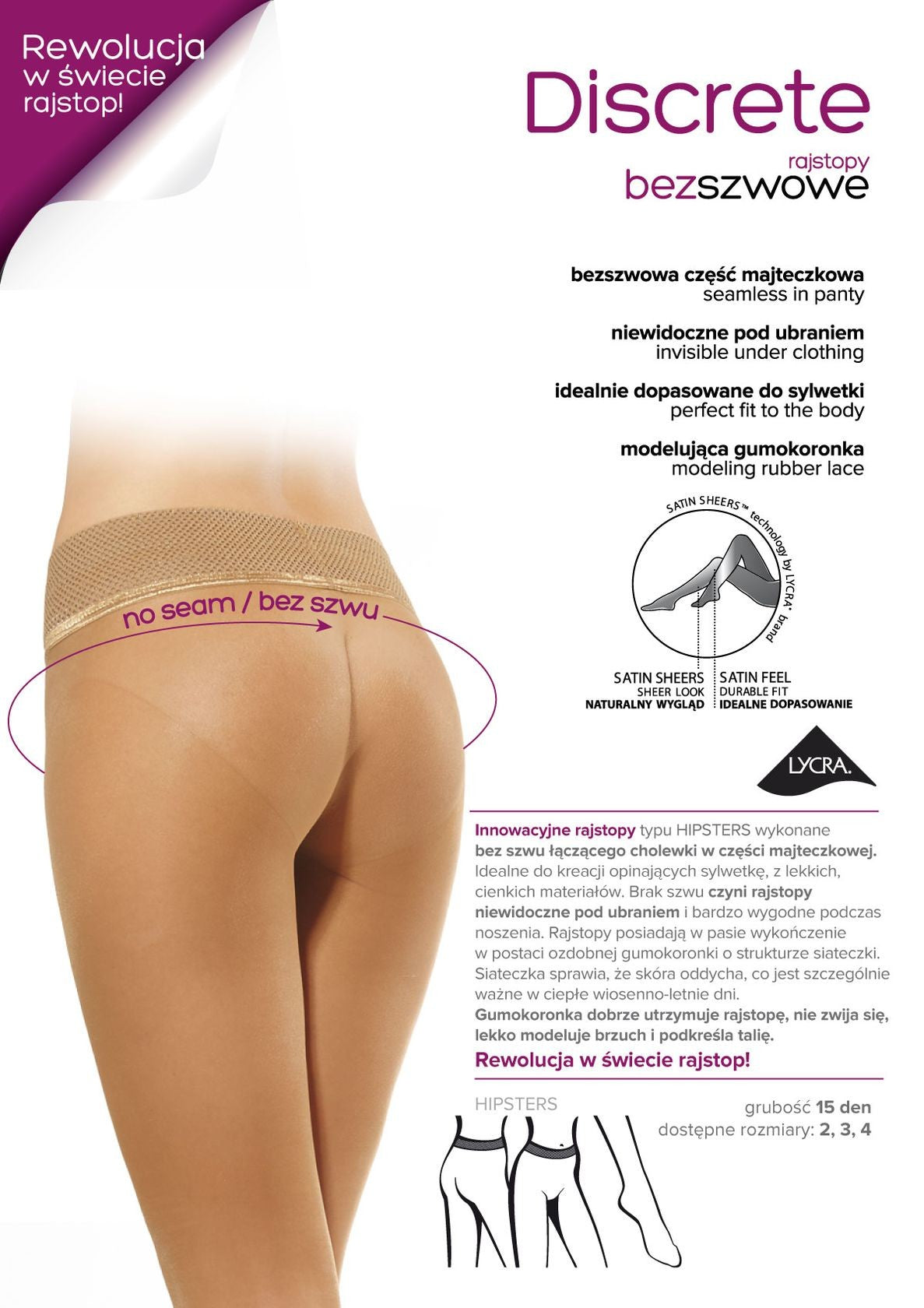 DISCRETE – Rajstopy damskie, część majtkowa bezszwowa 15 DEN