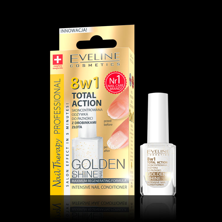 Eveline Nail Therapy Total Action - concentrated conditioner for nails with gold particles Golden Shine 8w1, volume 12 ml