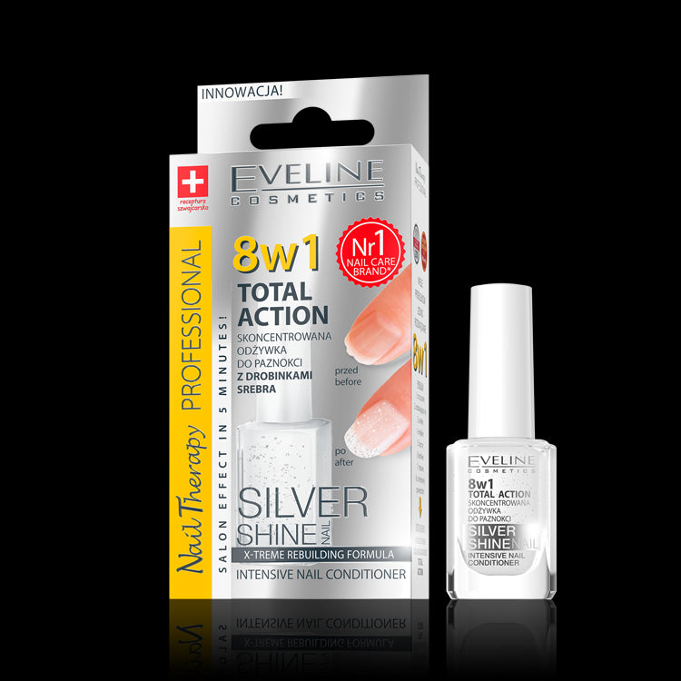 Eveline Nail Therapy Total Action - concentrated conditioner for nails with silver particles Silver Shine 8w1, volume 12 ml