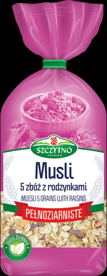 Szczytno Premium - musli 5 zbóż z rodzynkami, pełnoziarniste, masa netto: 400 g