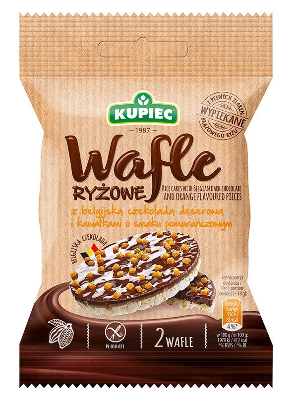 Kupiec - wafle ryżowe z belgijską czekoladą deserową i kawałkami o smaku pomarańczowym, masa netto: 36 g