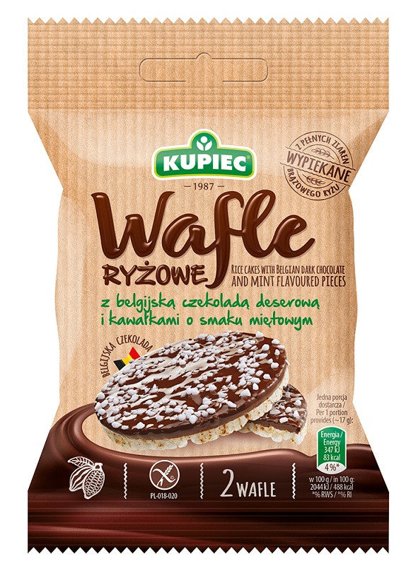 Kupiec - wafle ryżowe z belgijską czekoladą deserową i kawałkami o smaku miętowym, masa netto: 34 g