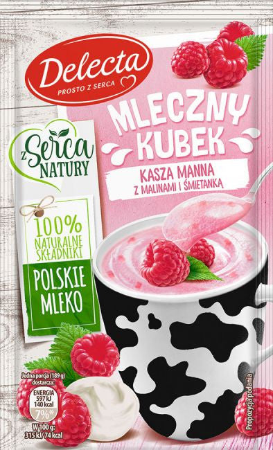 Delecta - Mleczny Kubek, kasza manna z malinami i śmietanką, masa netto: 46 g