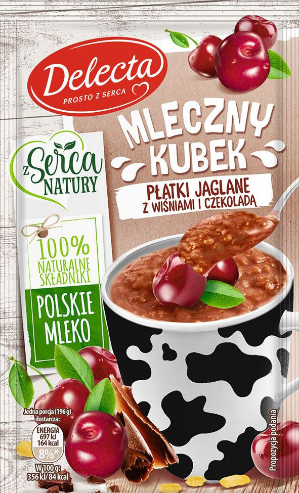 Delecta - Mleczny Kubek, płatki jaglane z wiśniami i czekoladą, masa netto: 46 g