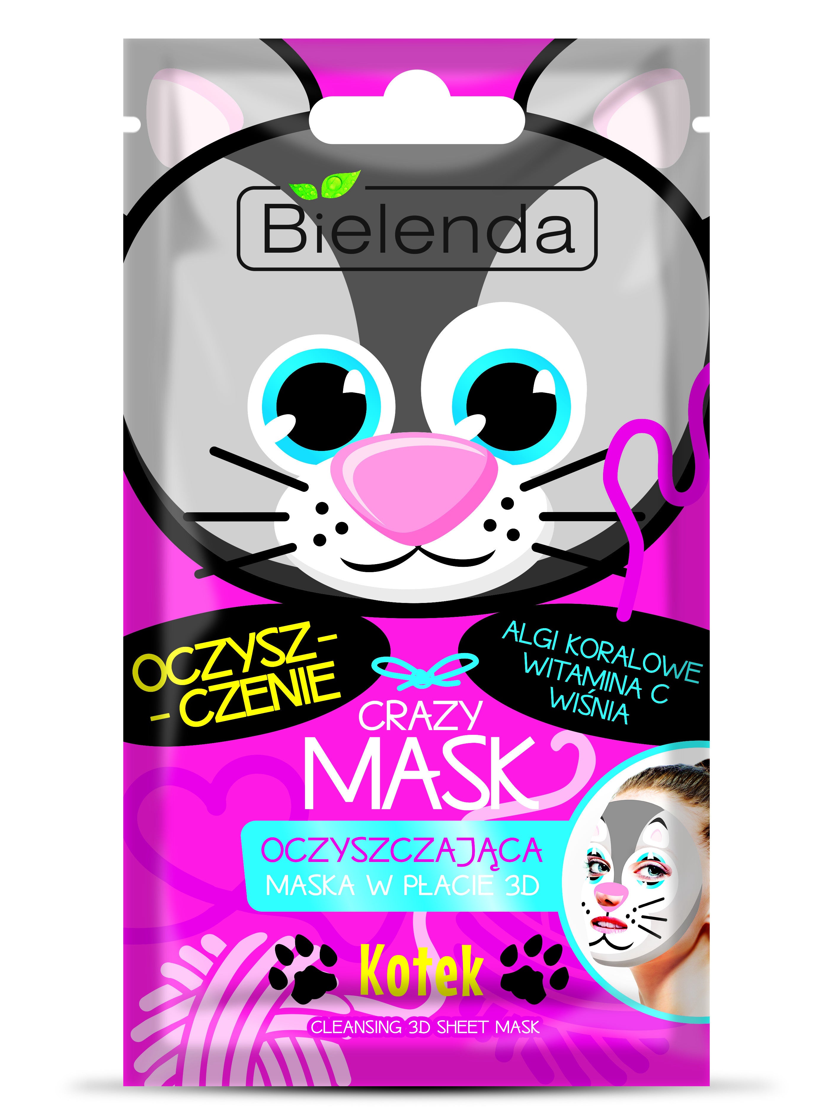Bielenda CRAZY MASK - oczyszczająca maska w płacie KOTEK, 1 szt.