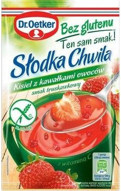 Dr. Oetker - Słodka Chwila, kisiel z kawałkami owoców smak truskawkowy bez glutenu, masa netto: 31,5 g