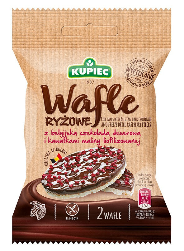 Kupiec - wafle ryżowe z belgijską czekoladą deserową i kawałkami maliny liofilizowanej, masa netto: 32 g
