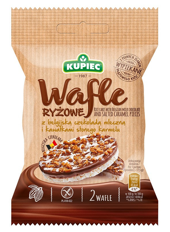 Kupiec - wafle ryżowe z belgijską czekoladą mleczną i kawałkami solonego karmelu, masa netto: 32 g