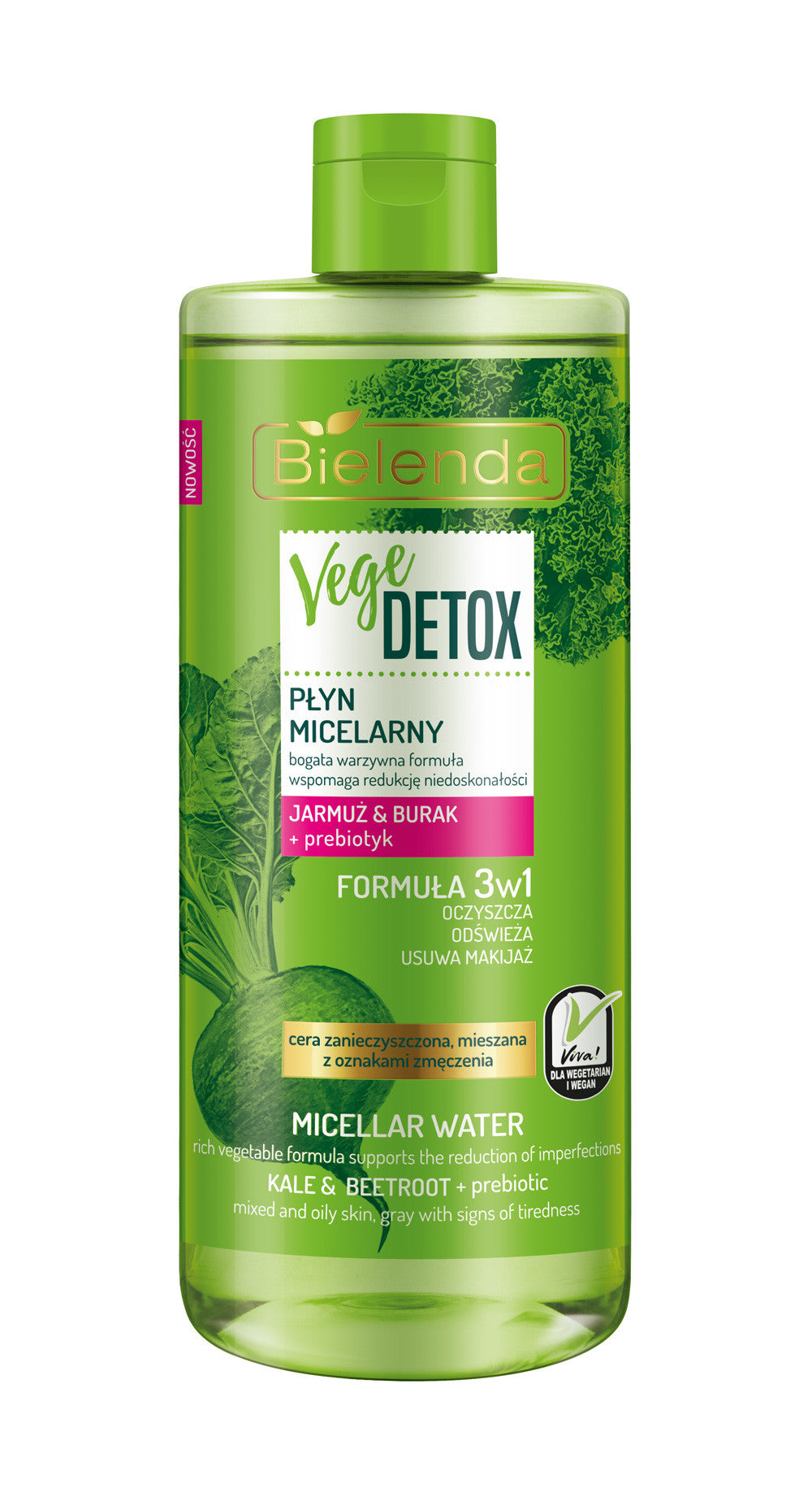 Bielenda VEGE DETOX - płyn micelarny do cery mieszanej JARMUŻ + BURAK + PREBIOTYK, poj. 500 ml