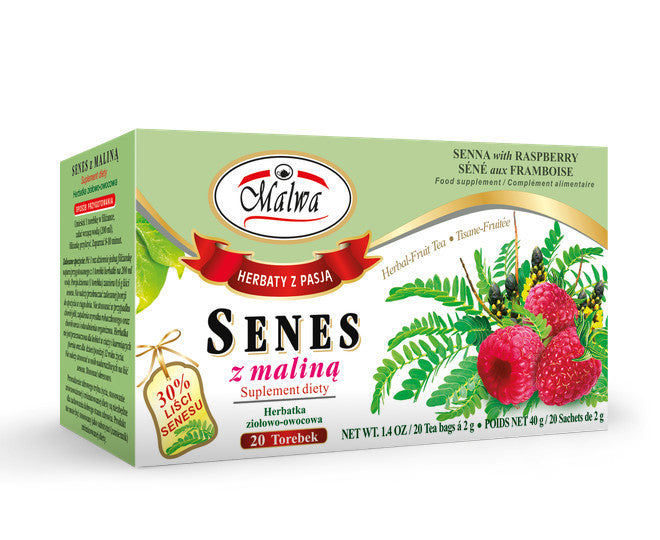 Malwa - Senes z maliną, herbata ziołowo-owocowa, suplement diety, zawartość: 20 saszetek x 2 g