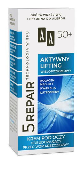 AA Age Repair Technology 5 REPAIR - ACTIVE LIFTING, anti-wrinkle reconstructive eye cream 50+, volume 15 ml