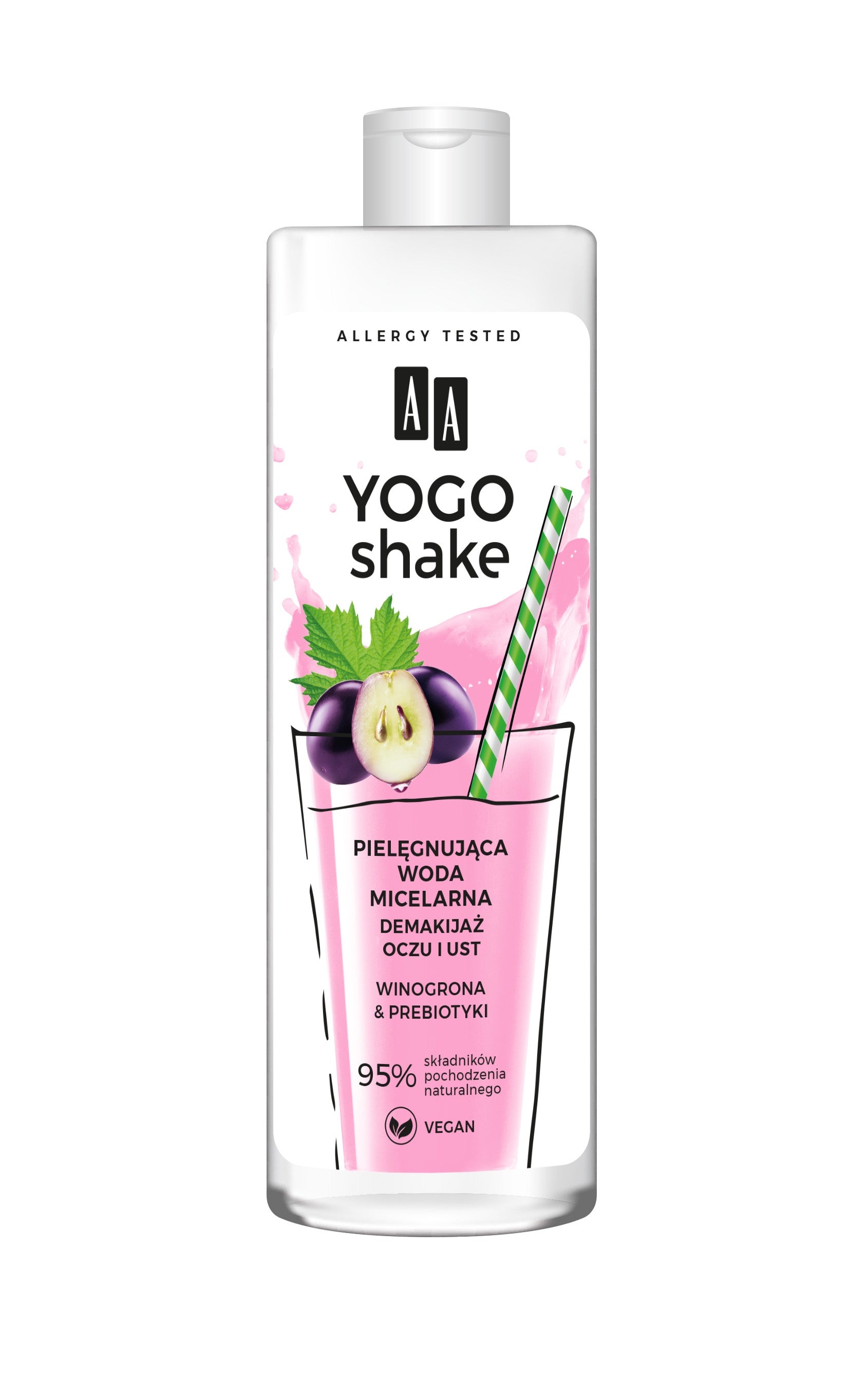 AA YOGO SHAKE Skincare Micellar Water, eye and lip make-up remover, VINE & PREGETIVES, Volume 500 ml