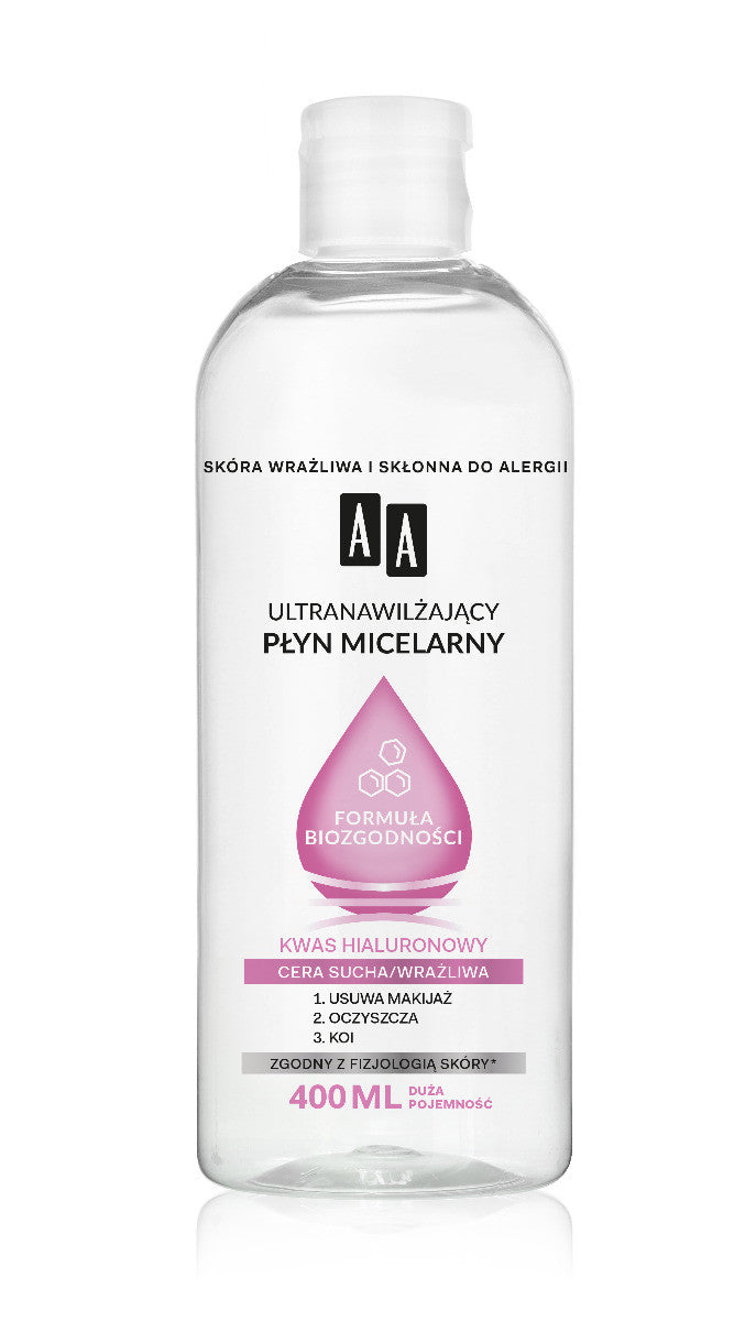 AA FORMUŁA BIOZGODNOŚCI - ultranawilżający płyn micelarny cera sucha i wrażliwa, poj. 400 ml
