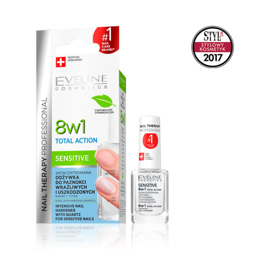 Eveline Nail Therapy - TOTAL ACTION SENSITIVE 8w1, Concentrated conditioner for brittle and fragile nails, Volume 12 ml