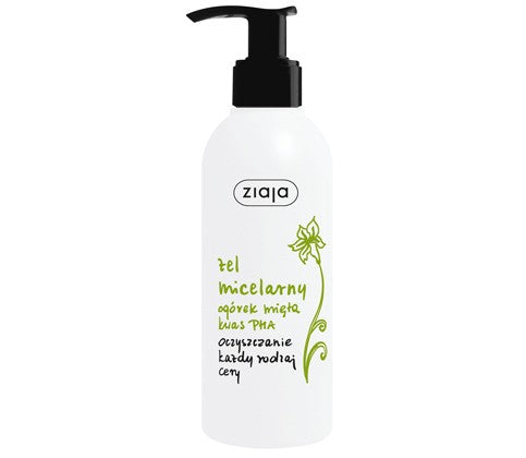 Micellar gel with cucumber and mint extract, 200 ml capacity.