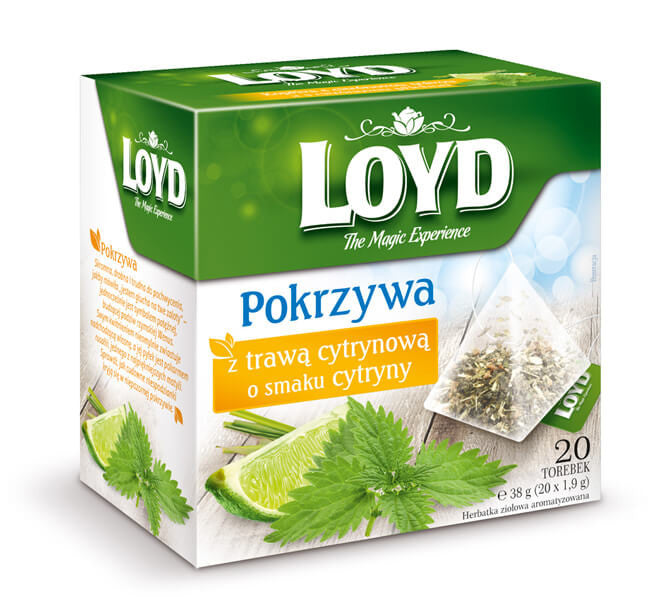 LOYD - pokrzywa z trawą cytrynową o smaku cytryny, herbatka ziołowa aromatyzowana, 20 saszetek x 1,9 g