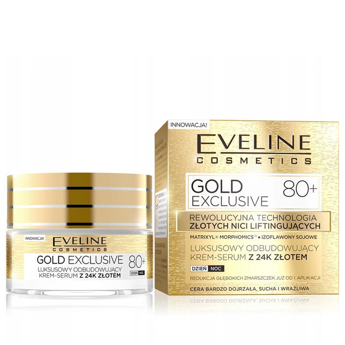 Eveline Gold Lift Expert - Gold Exclusive 80+, luksusowy odbudowujący krem-serum z 24K złotem, na dzień i na noc, poj. 50 ml