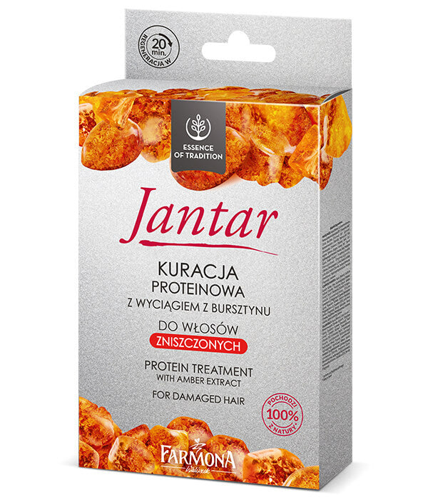 Jantar - kuracja proteinowa z wyciągiem z bursztynu do włosów zniszczonych, zawartość:  3 saszetki 17ml, 15ml, 3ml