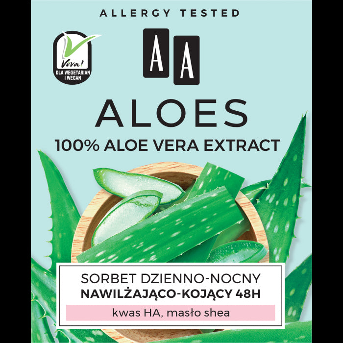 AA Aloe 100% Aloe Vera Extract - day & night moisturizing and soothing sorbet 48H, HA-acid, shea butter, 50 ml