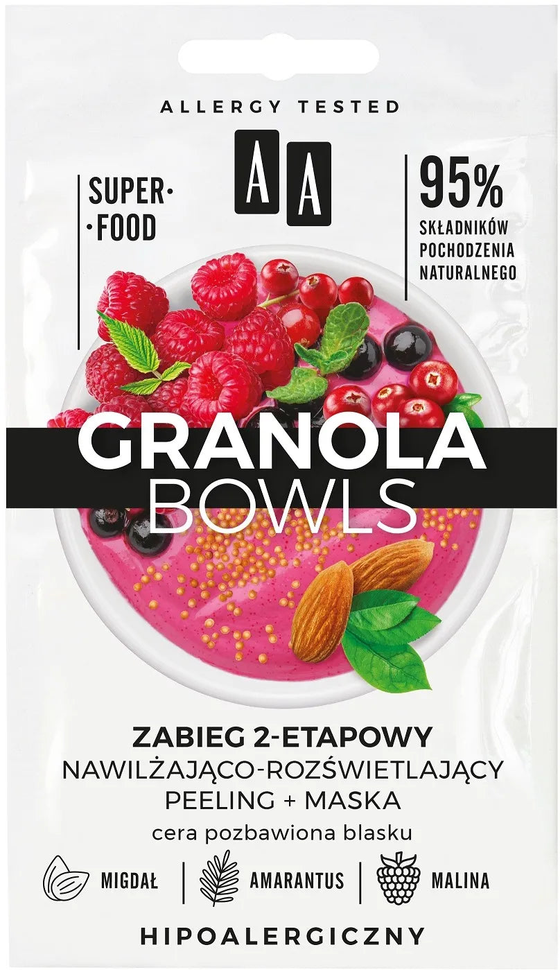 AA GRANOLA BOWLS - 2-step moisturizing and illuminating treatment, glow, scrub+mask lackluster skin, 2x4 ml capacity