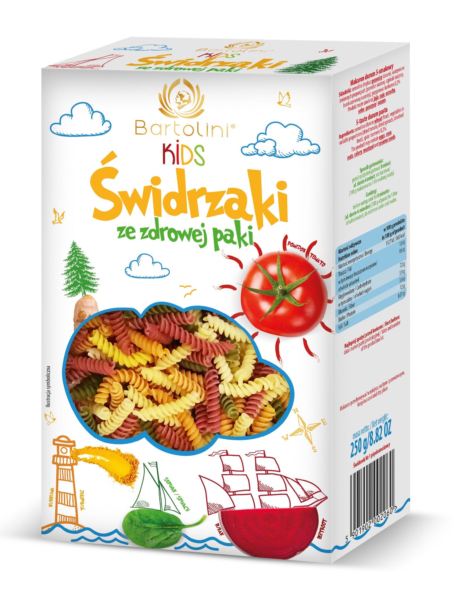 Bartolini - KIDS, Świdrzaki ze zdrowej Paki, kolorowy makaron dla dzieci, masa netto: 250 g