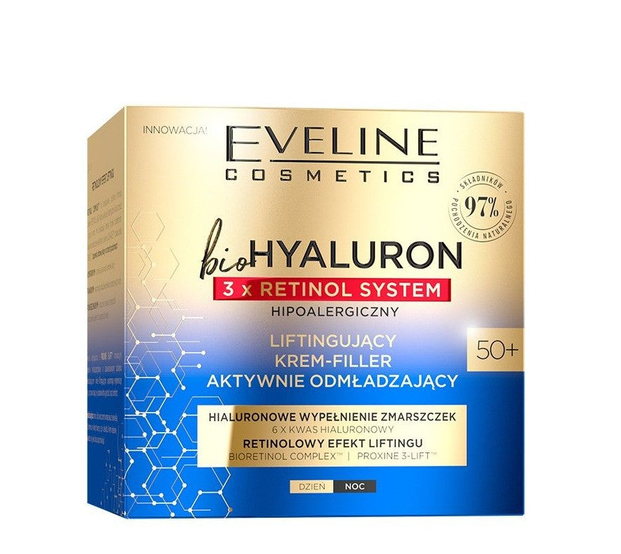 Eveline BioHyaluron 3x Retinol System - liftingujący krem-filler aktywnie odmładzający na dzień i na noc 50+, poj. 50 ml