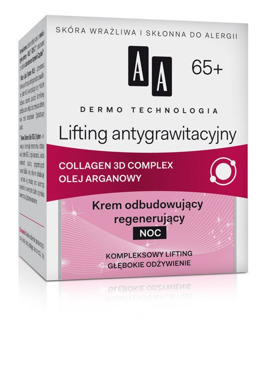 DERMO TECHNOLOGY Anti-Gravity Lifting 65+. Restorative regenerating night cream, 50 ml capacity.