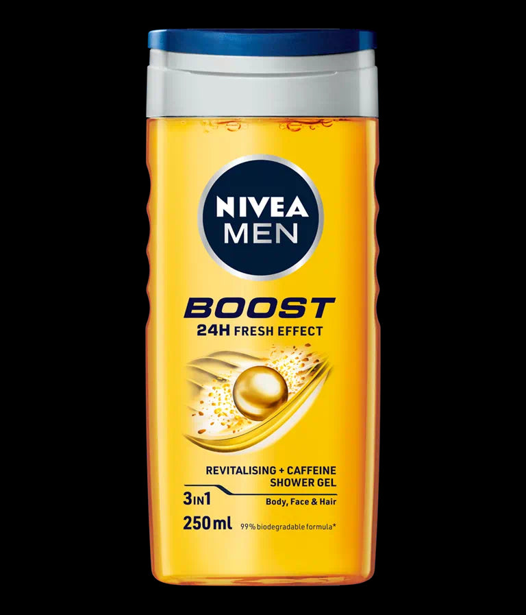 Nivea Men Boost - revitalizing, moisturizing, caffeine shower gel 3-in-1, 24h freshness effect, 250 ml capacity
