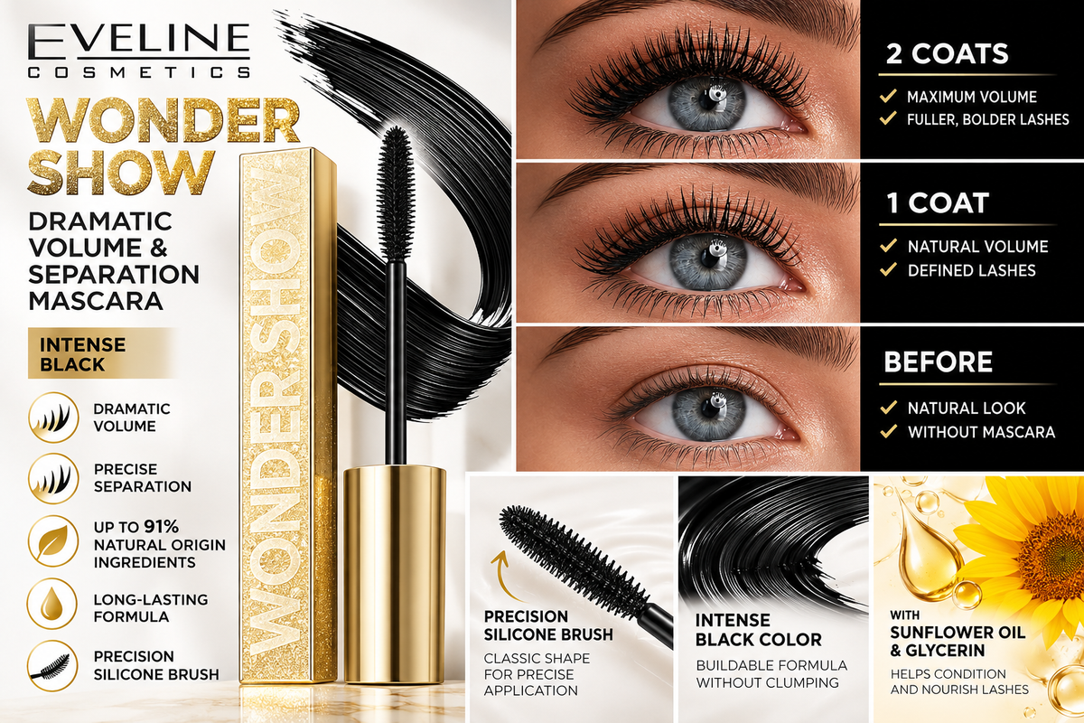 Eveline Wonder Show – Dramatic Volume & Separation Mascara, Intense Black, 0.24 fl oz (7 ml)
