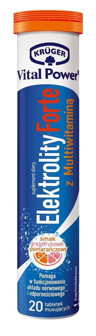 Krüger Vital Power Electrolytes Forte + Multivitamin - 20 Effervescent Tablets (Grapefruit-Orange), Net Wt.: 3.03 oz (86 g)
